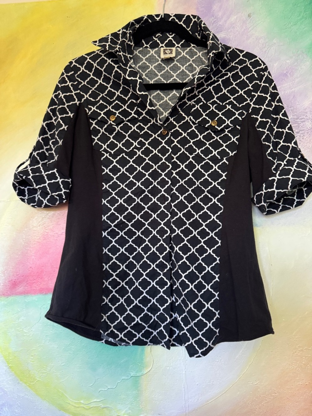 Anne Klein Black and White Geometric Button-Down Shirt - Size S